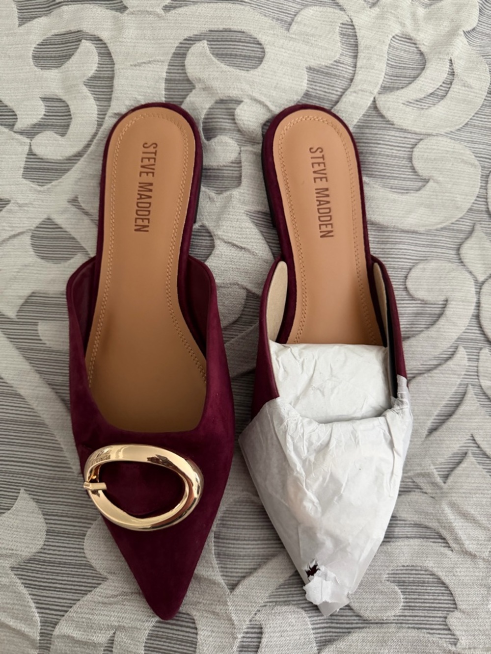Steve Madden Burgundy Pointed Mule Slides with Gold Buckle